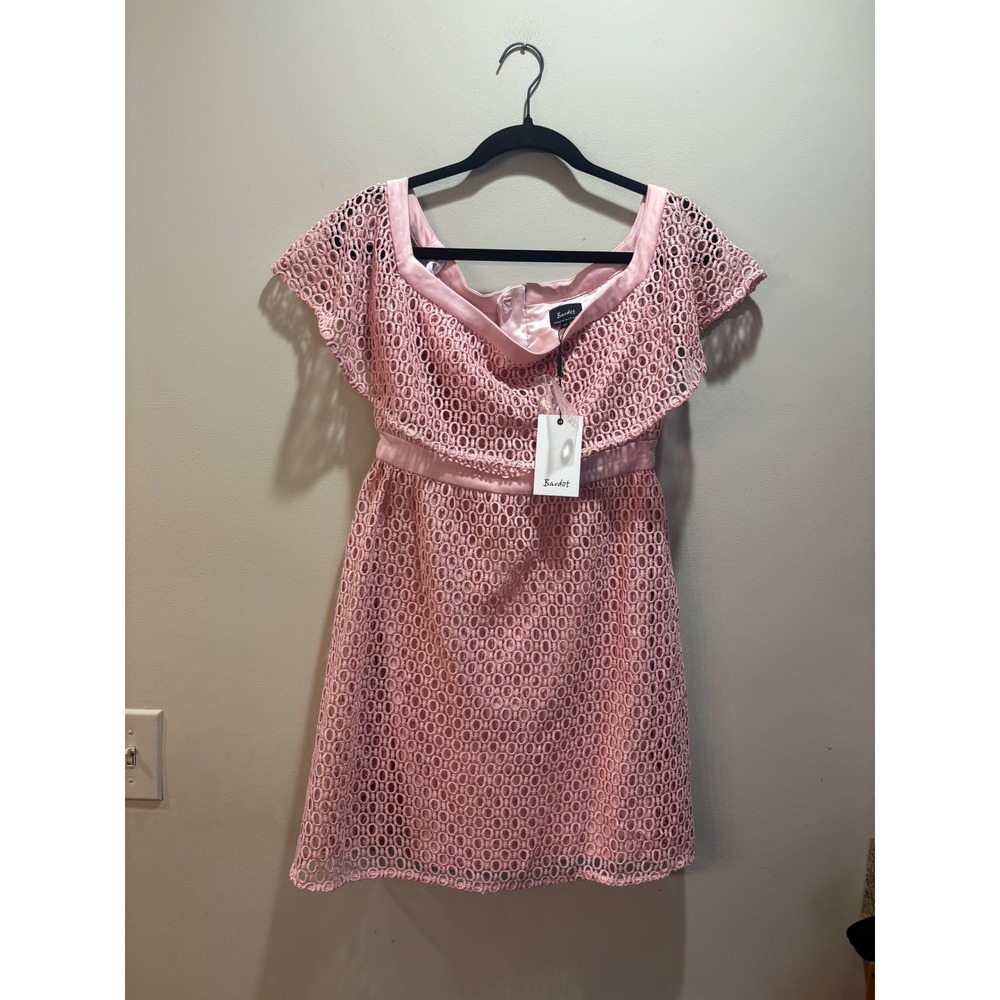 NWT Bardot Pink Lace Off The Shoulder Ruffle Sleeve Fit Flare Dress Size 6 Small - Picture 2 of 10